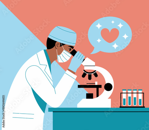 A focused scientist peers into a microscope, surrounded by equipment, symbolizing dedication in science and the love for discovery and innovation as they explore the unknown.
