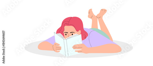 A young girl lies comfortably on her stomach, engrossed in a book, capturing the essence of relaxation and the love of reading in a minimalist illustration.