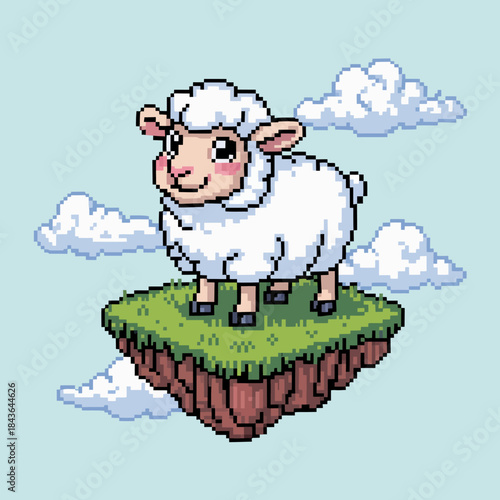 A charming animated sheep stands on a floating green island surrounded by fluffy clouds, evoking a sense of whimsy and innocence in a playful and imaginative fantasy setting.