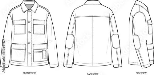 Technical fashion sketch, utility jacket design, front back side view, elbow patch, pocket detail, garment construction, flat vector illustration