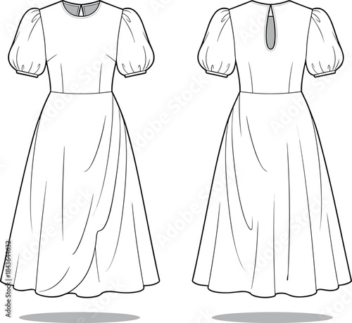 Fashion technical sketch, puff sleeve dress, front and back view, flared skirt, keyhole back, garment design, sewing pattern, flat vector illustration
