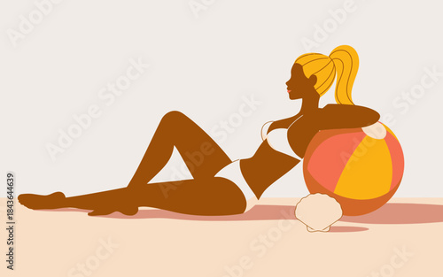 A stylish girl lounges on the beach by a colorful beach ball, soaking up the sun on a relaxing day that represents the joy of summer and leisure.