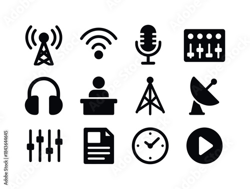 Radio Broadcasting Icons. Radio Broadcasting. Solid icon set of