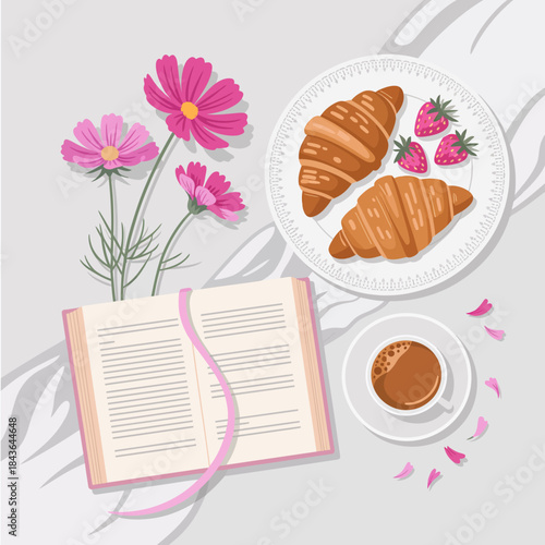 A carefully curated flat lay image featuring a book, coffee, croissants, and fresh flowers, evoking a sense of comfort, relaxation, and delightful leisure moments.