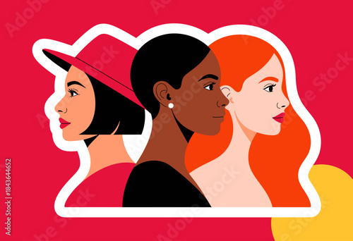 A vibrant illustration of three women of different backgrounds standing side by side, showcasing their unique styles and expressing empowerment and unity in diversity.