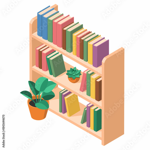 This illustration depicts a vibrant bookshelf filled with various colored books and a potted plant, creating a cozy and inviting reading nook atmosphere.