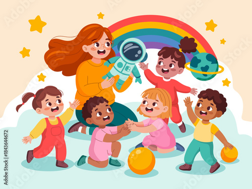 In this lively scene, a lively group of children is playing joyfully with an astronaut toy, set against a bright backdrop of rainbows and stars, evoking imagination and wonder.