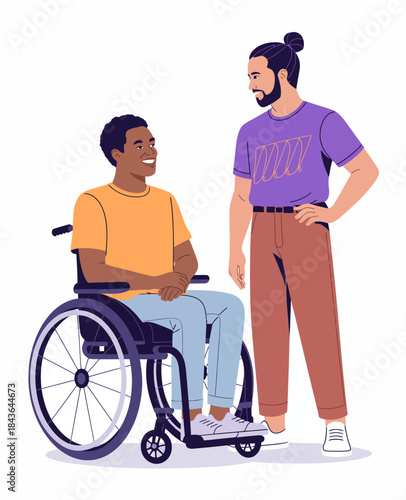 A joyful young man in a wheelchair smiles at a standing friend, capturing the essence of friendship, inclusivity, and empowerment in a modern, vibrant illustration.