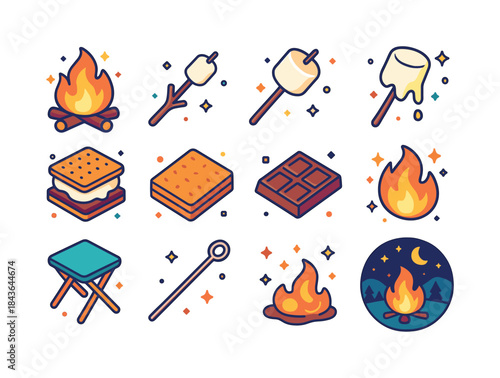Isometric Marshmallow Icons. roasting marshmallows. Colorful iso