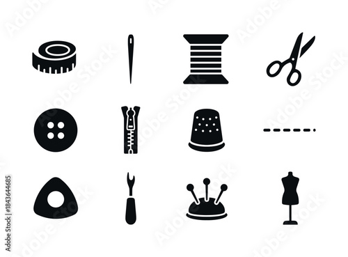 Tailoring Tools Icons. tailoring elements. Solid icon set of tai