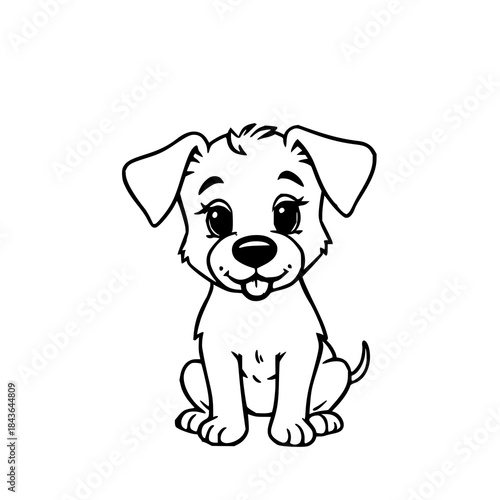 Doodle cartoon dog in black line art, simple and playful, perfect for kids’ designs, pets, educational materials, and coloring books.
