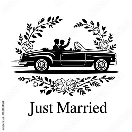 A silhouette of a couple in a convertible car with foliage surrounding them.