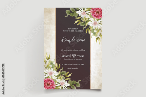 WEDDING INVITATION FRAME WITH FLOWER DECORATIONS AND FRESH LEAVES