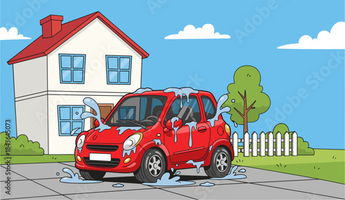 Funny Car Washing Scene in Front of House. Colorful Vector Illustration