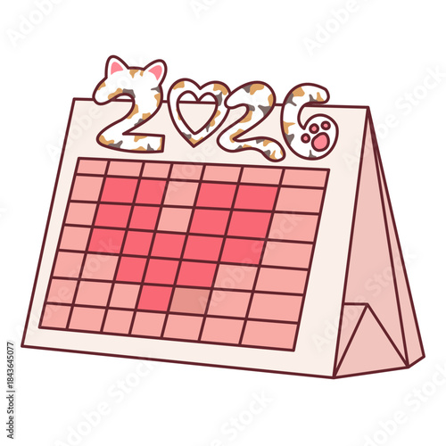 Cat themed desk calendar icon showing year 2026 heart and paw symbols