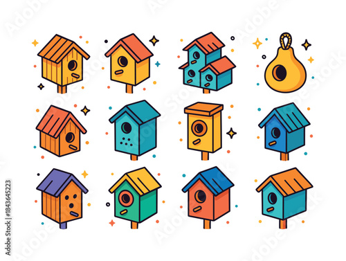 Colorful Birdhouse Icons. Birdhouses. Colorful isometric vector