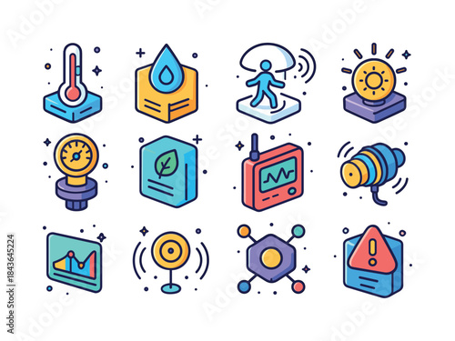 Isometric Sensor Icons. Sensors and data. Colorful isometric vec