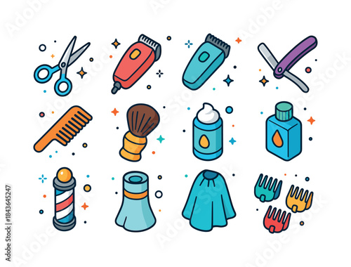 Colorful Barber Tools Icons. Barber shop tools. Colorful isometr