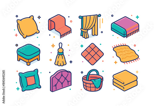 Colorful Soft Furnishings Icons. Soft furnishings. Colorful isom