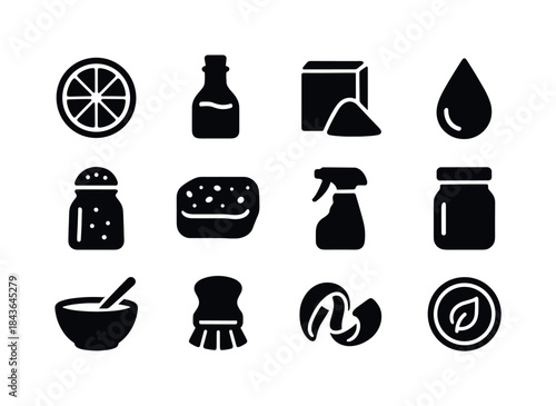 Natural Cleaning Icons. natural cleaning solutions. Solid icon s