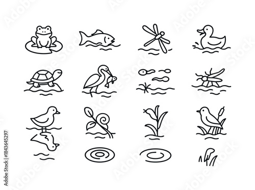 Pond Wildlife Icons. Pond Wildlife Interaction. Line icon set of