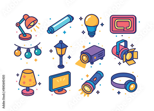 Colorful Lighting Icons. Artificial light. Colorful isometric ve