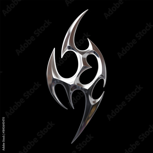 Chrome 3d tribal shape with polished metallic surface, reflecting a y2k aesthetic
