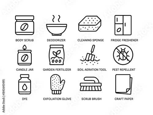 Coffee Grounds Icons. Coffee Grounds Reuse Ideas. Line icon set