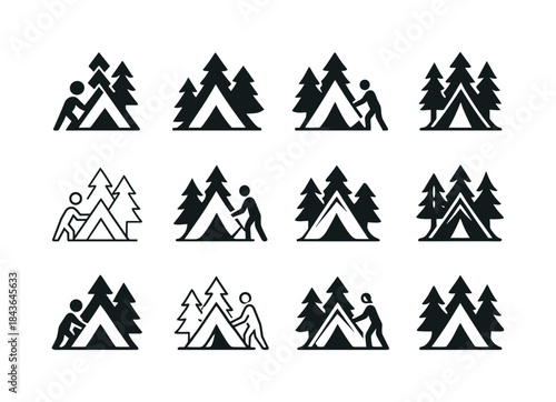Tent Logo Variations. Setting up a tent. Icon set. Set Logo of s