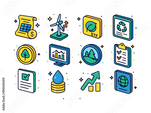 Colorful Green Investing Icons. Green Investing. Colorful isomet