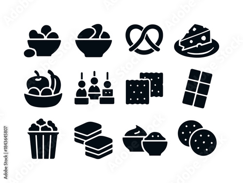 Party Snack Icons. Party snacks. Solid icon set of party snacks: