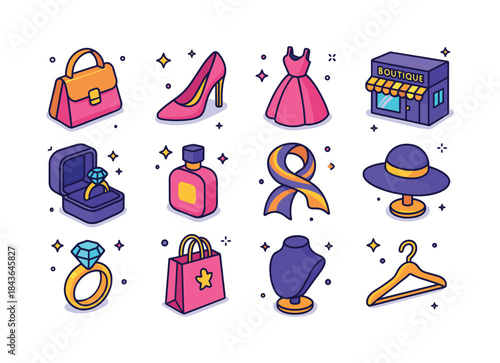 Luxury Boutique Icons. luxury boutique. Colorful isometric vecto
