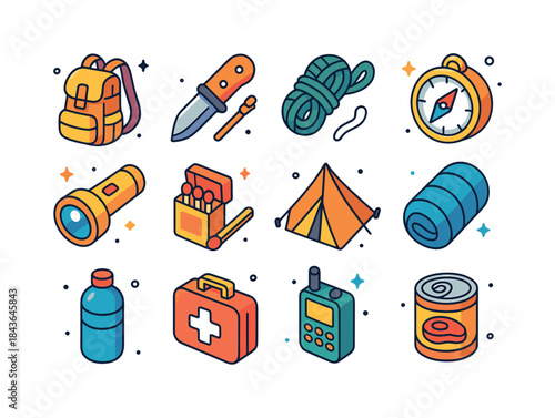 Colorful Survival Gear Icons. Survival gear. Colorful isometric