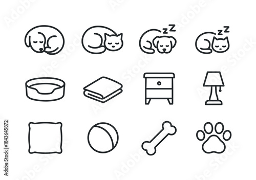 Bedtime Pets Icons. Bedtime Pets. Line icon set of Bedtime Pets: