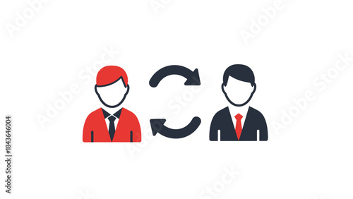   Collaboration Icon: This simple yet effective vector graphic depicts the essence of teamwork and data exchange between two individuals, visualized through circular arrows, on a plain background.