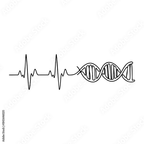 Horizontal DNA structure integrated with EKG line. Minimalist line art for medical labs, genetic engineering and scientific analysis.