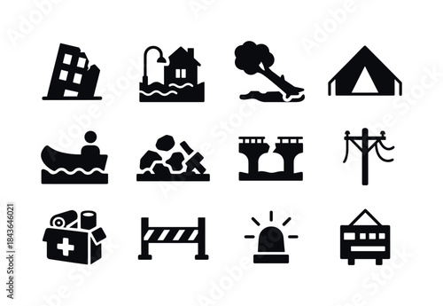 Disaster Aftermath Icons. Disaster aftermath. Solid icon set of
