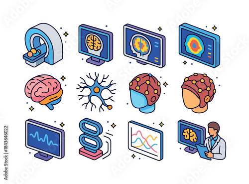 Colorful Neuroimaging Icons. Neuroimaging. Colorful isometric ve