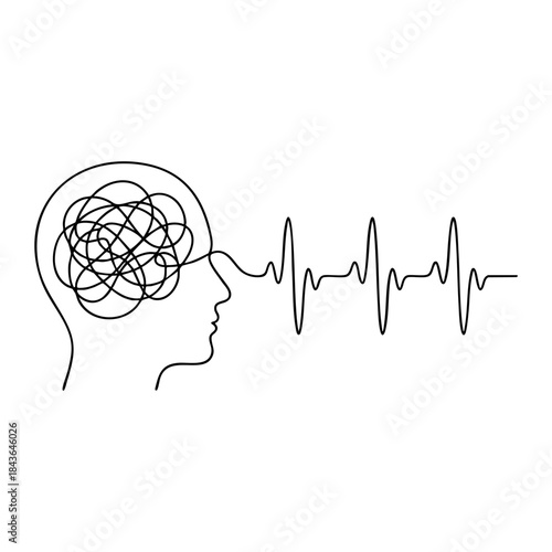 Human head profile with tangled messy lines inside, connected to heartbeat. Continuous line art for psychology, stress, headache and mental health.