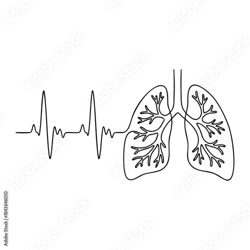 Human lungs anatomy forming from EKG pulse. Continuous one line drawing for pulmonology, respiratory health, asthma and tuberculosis awareness.