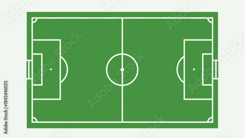 Soccer Field Illustration: a symmetrical soccer field in a top-down view, showcasing precise lines and a lush green field, perfect for sports and game graphics.