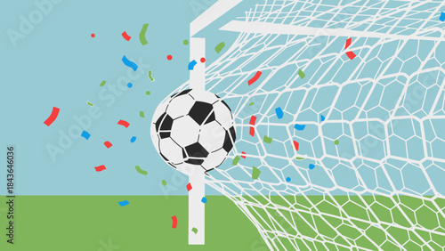 Goal Celebration: Illustrative shot of a soccer ball nestling in the goal net, surrounded by colorful confetti, symbolizing the jubilation of scoring.