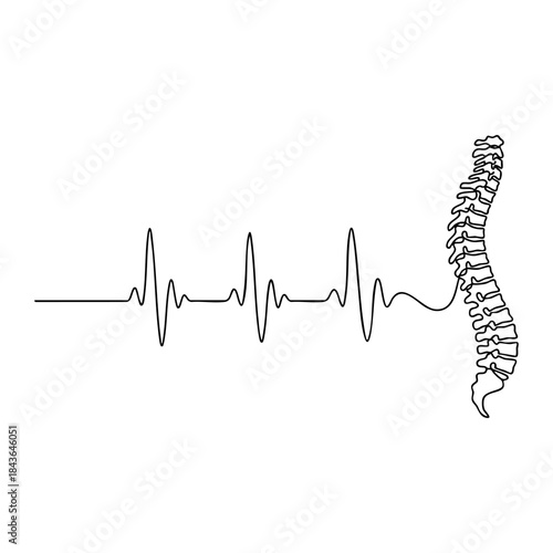 Human spinal column forming part of a heartbeat line. Continuous line art for chiropractic, orthopedics, back pain and physiotherapy.