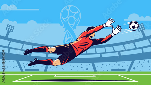 Soccer Goalie's Save: A dynamic illustration captures a goalkeeper in mid-air, fully extended to block a fast-moving soccer ball. The stadium's architecture forms the backdrop. 