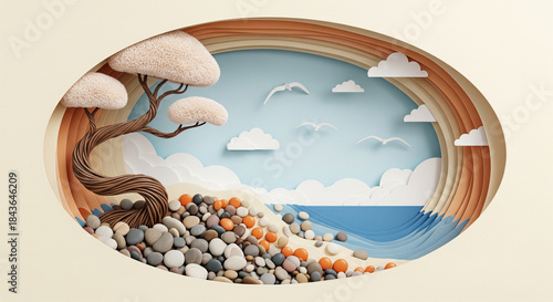 3D Shoreline with Tree and Sky 3D Wallpaper Illustration mural wall art, canvas print, wall decor painting design