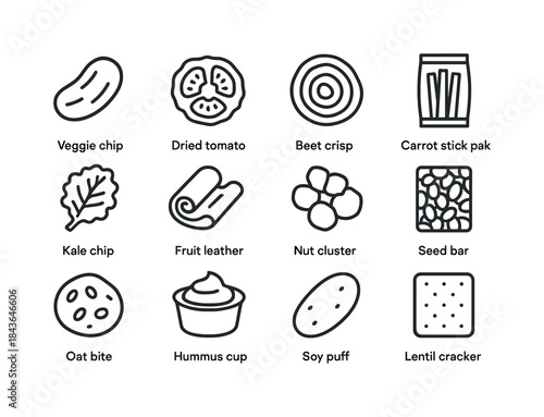 Plant-Based Snack Icons. Plant-based snacks. Line icon set of Pl