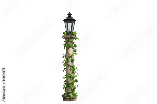 black metal street lamppost column partially wrapped in bright green vines and moss, no background svg