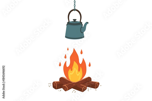 small blue camping kettle hanging over a brightly burning wood and pebble campfire, no background svg