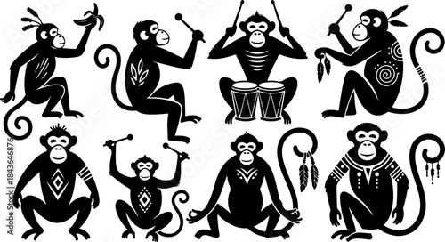 Monkey Silhouette Collection – Primate Poses Black Vector Set