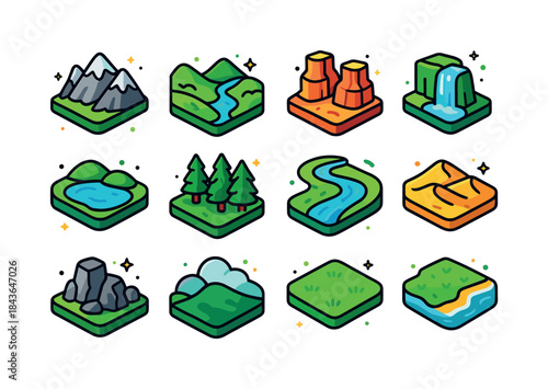 Isometric Landscape Icons. natural landscapes. Colorful isometri